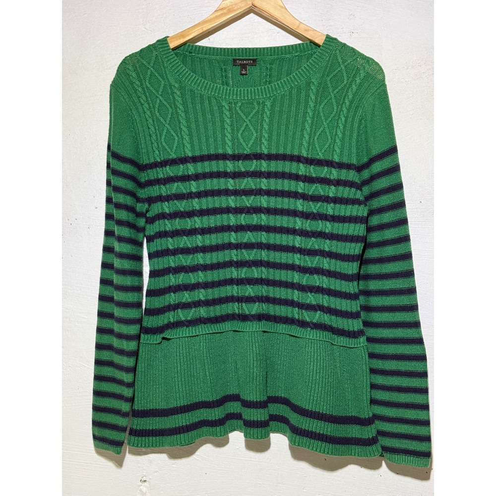 Talbots Womens L Green Navy Blue Stripe Cable Knit Peplum Cashmere Blend Sweater